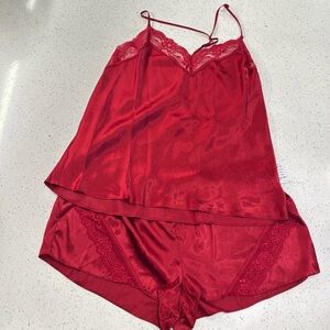 Linea Donatella Pajama Set Cami and Shorts Ruby Red Satin Lace Trim, Size XL,NWT